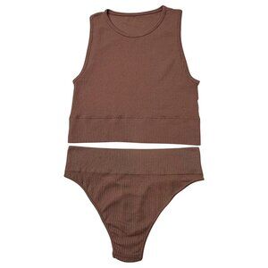 SKIMS Stretch Rib High Neck Bralette + Thong Set NEW Rose‎ Clay XXS/XS